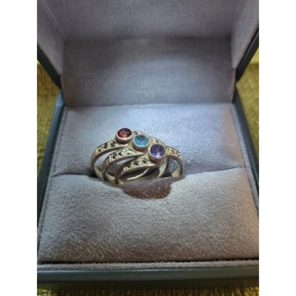 Stackable Amethyst, Ruby and Blue Topaz Sterling Silver Ring Size 8.6